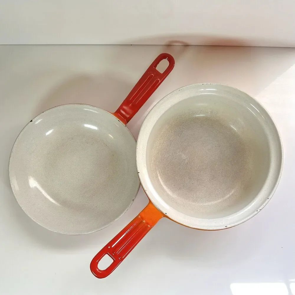 Vintage Descoware Enameled Cast Iron Flame-Orange Saucepan And Skillet-Lid Combo